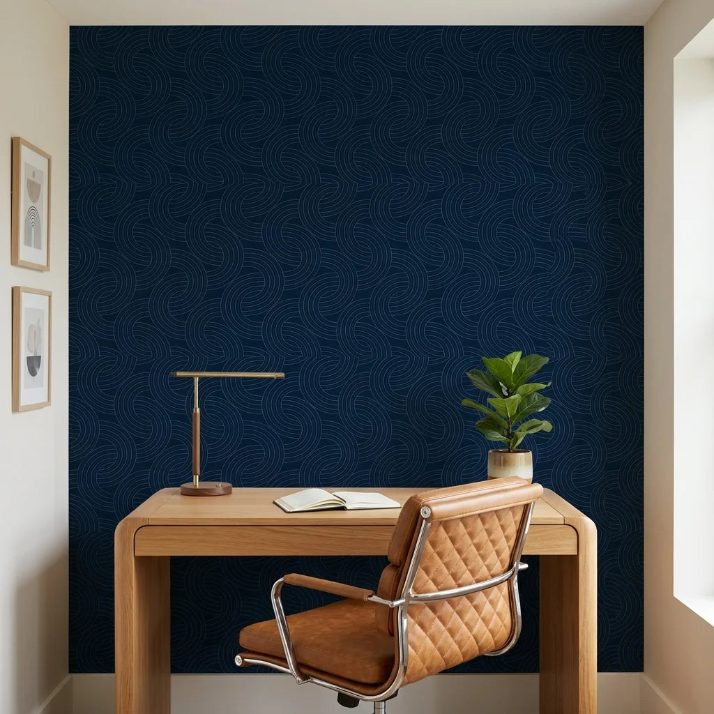 Indigo Undertow deep navy blue swirling abstract wallpaper adding character to a cozy bedroom
