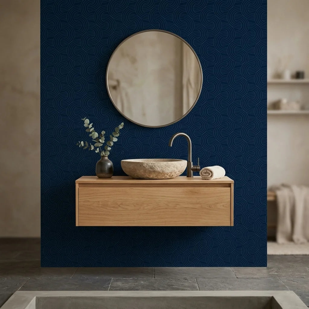 Indigo Undertow deep navy blue swirling abstract wallpaper as a feature wall in a bright home office
