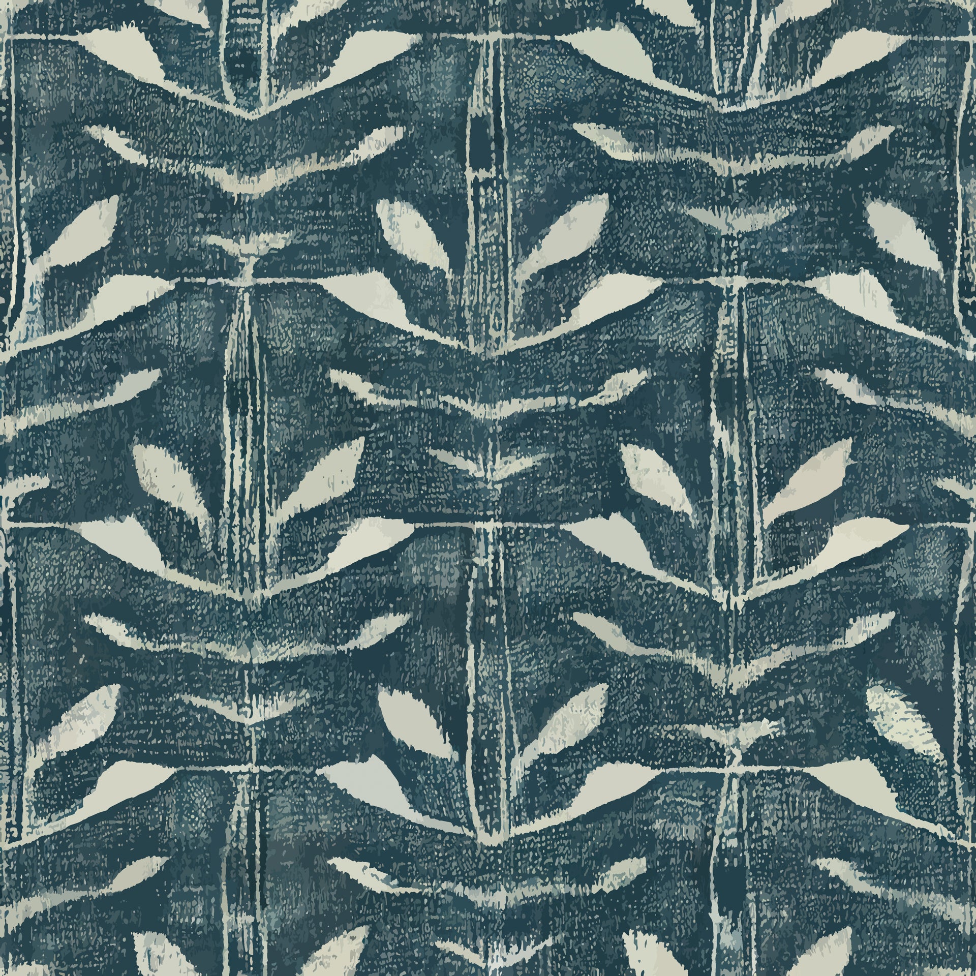 Teal blue hand painted wallpaper with repeating abstract leaf shapes and layered textured brush strokes.