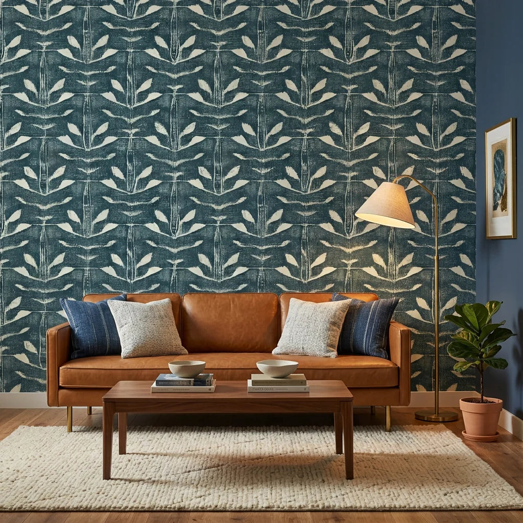 Indigo Vine blue foliage wallpaper in a warm and inviting living room