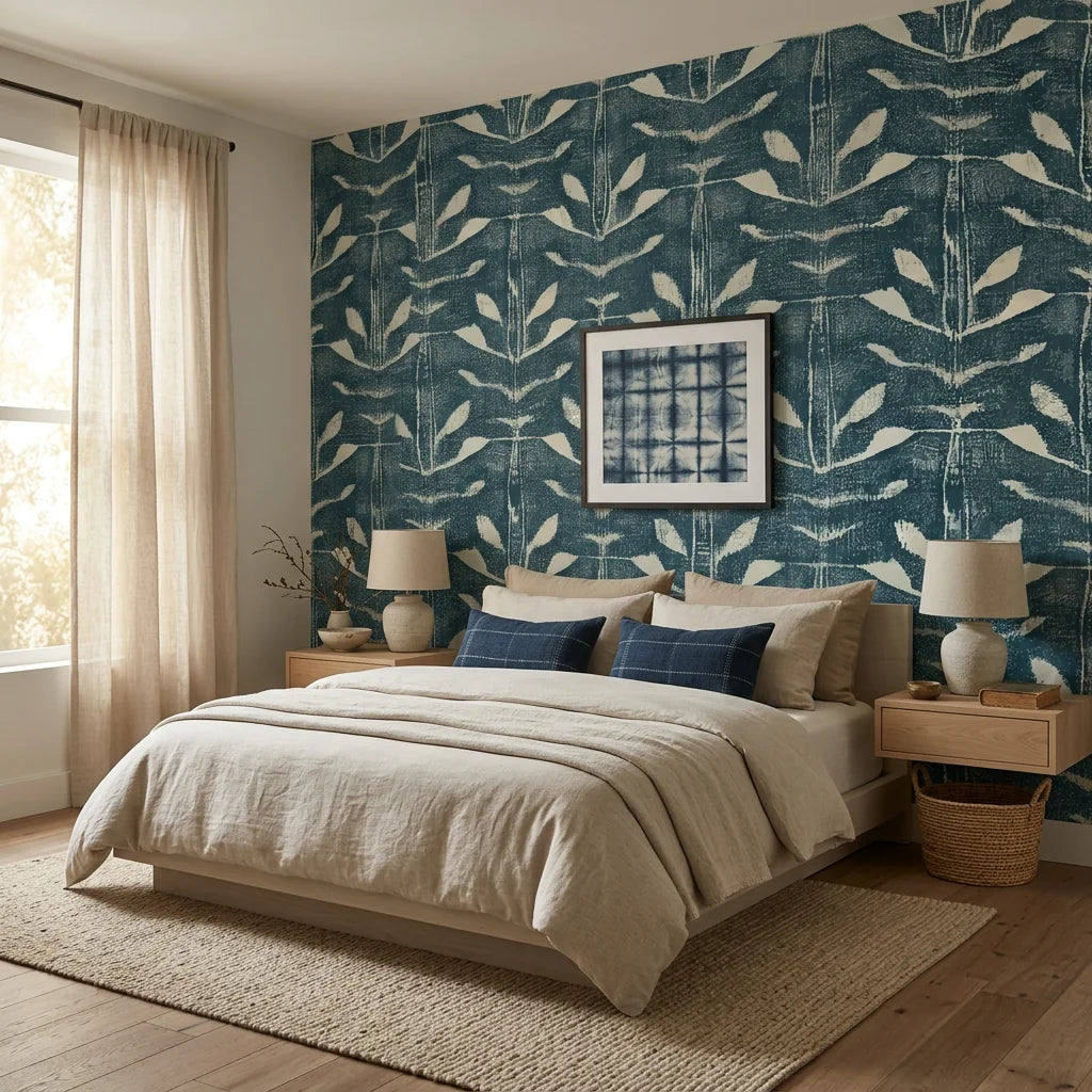 Indigo Vine blue foliage wallpaper adding character to a cozy bedroom