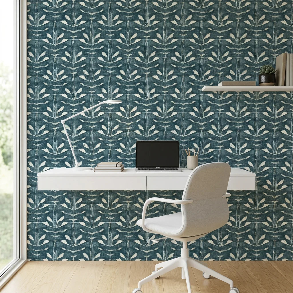 Indigo Vine blue foliage wallpaper as a feature wall in a bright home office