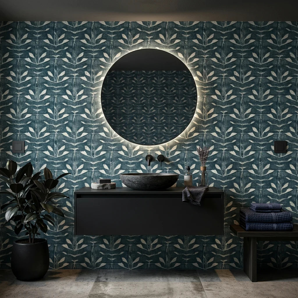Indigo Vine blue foliage wallpaper creating ambiance in a serene bathroom