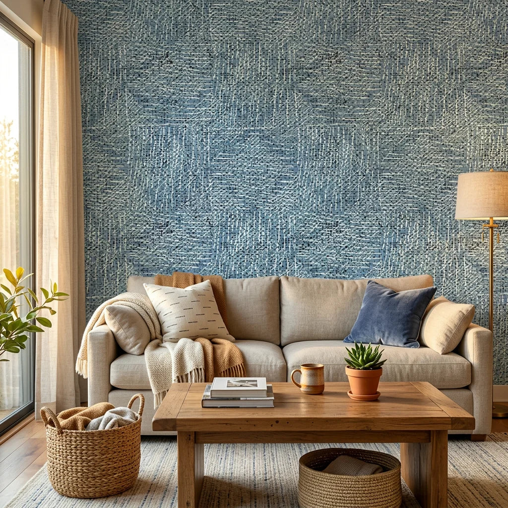 Indigo Weave textured wallpaper with geometric crosshatch pattern on modern living room accent wall