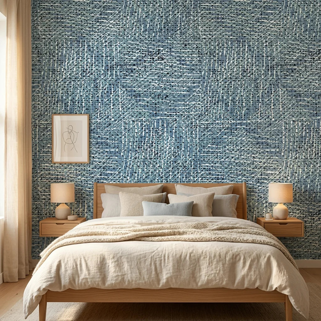 Textured blue and gray Indigo Weave peel and stick wallpaper in modern coastal bedroom with natural wood furnishings