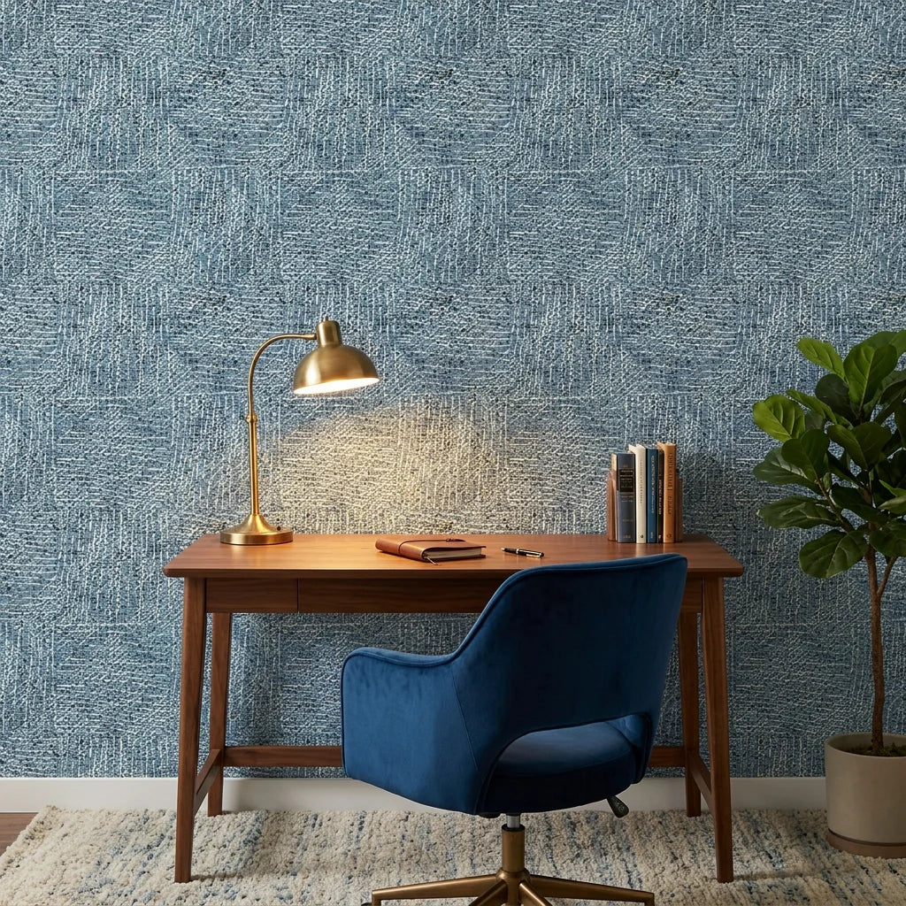 Indigo Weave removable wallpaper in modern home office with brass lamp and navy chair