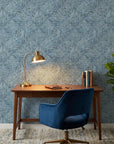 Indigo Weave removable wallpaper in modern home office with brass lamp and navy chair