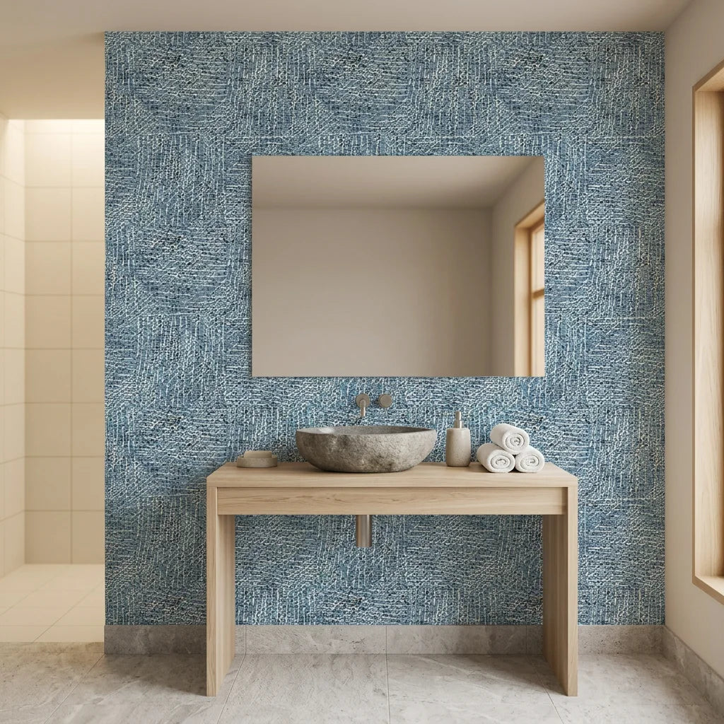 Blue and white Indigo Weave textured wallpaper surrounding modern bathroom mirror with natural wood vanity