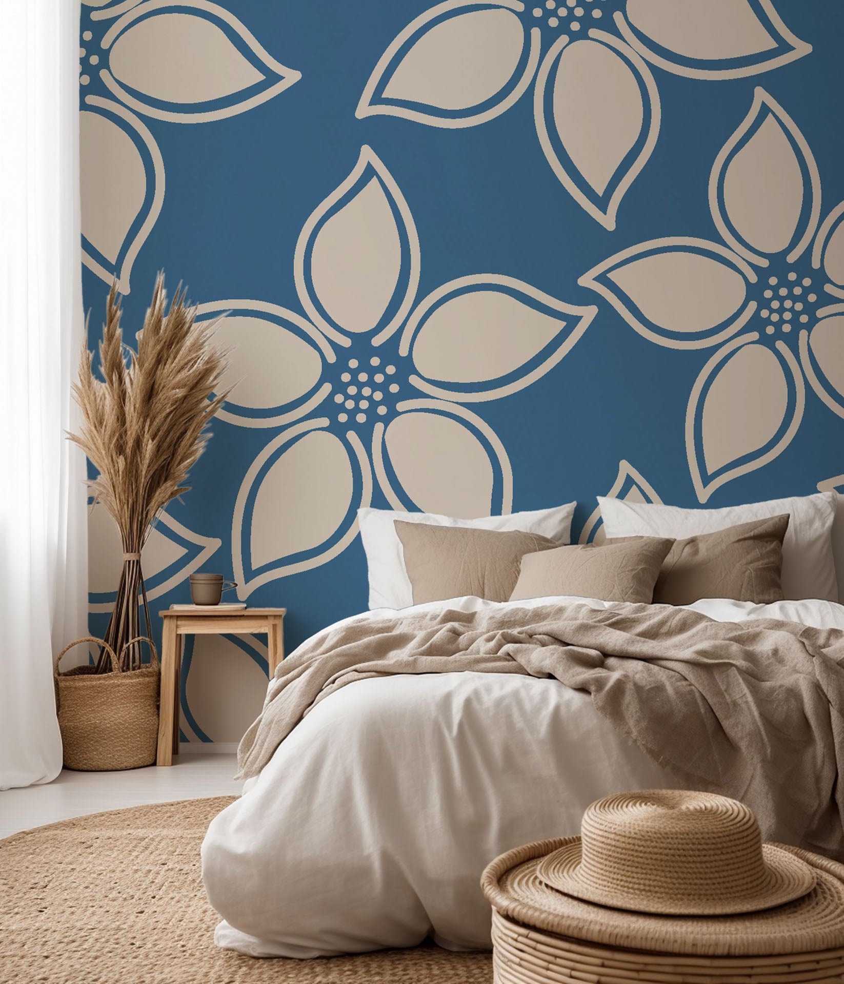 Navy blue and deep green wallpaper featuring wild grasses and botanicals - Indigo Whispers