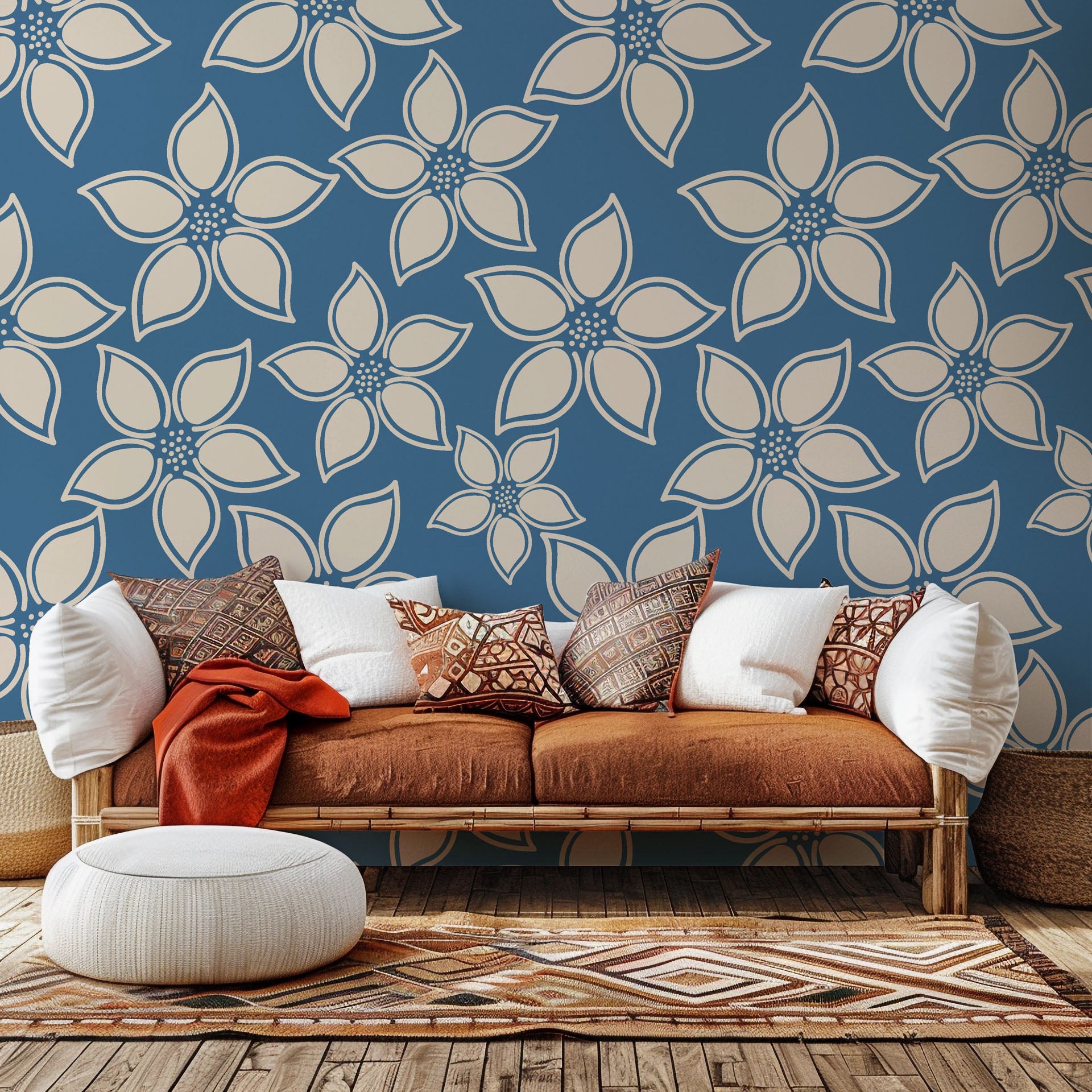 Deep blue and emerald wallcovering featuring a wild grass botanical design (Indigo Whispers)
