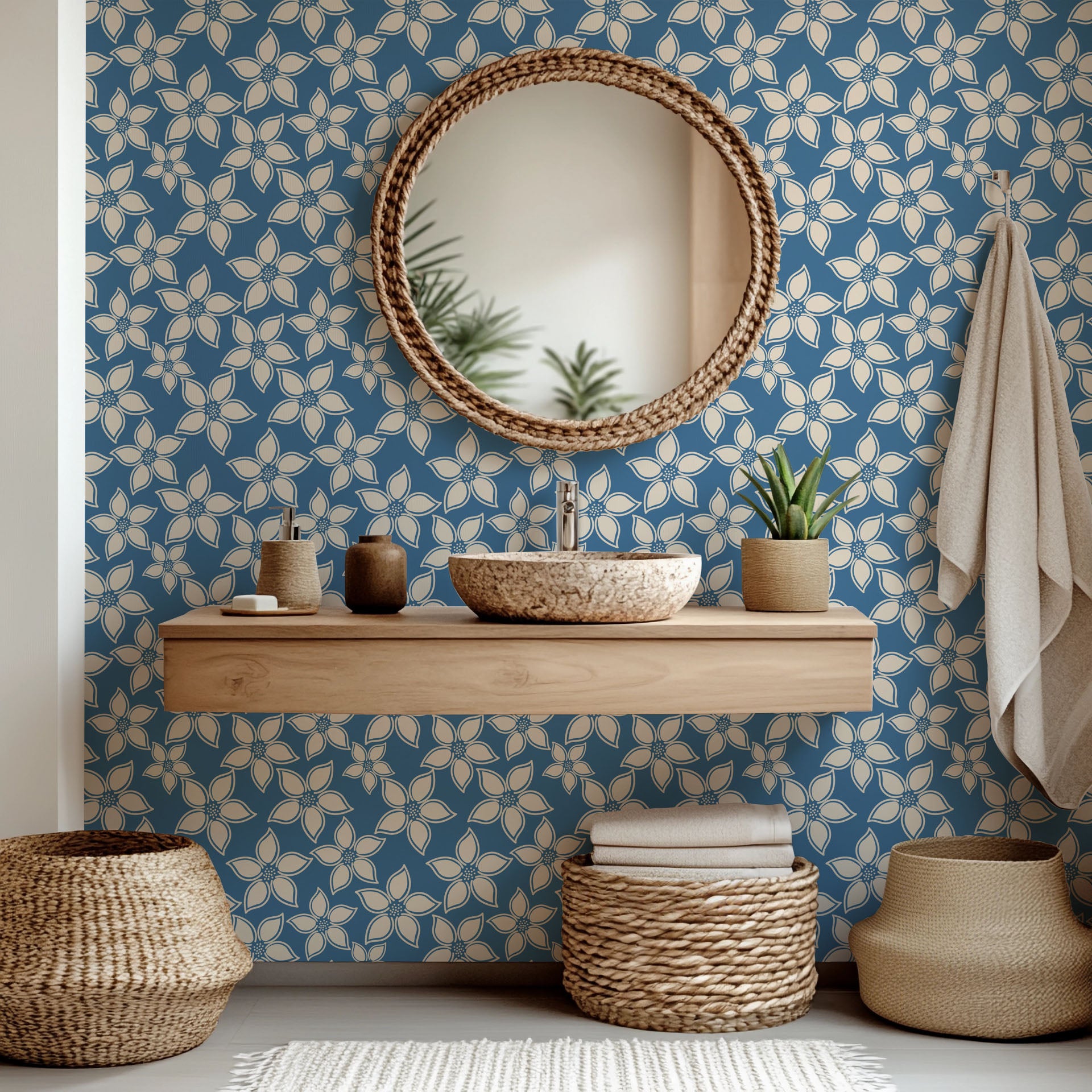 Deep blue and green wild grass botanical wallpaper - Indigo Whispers