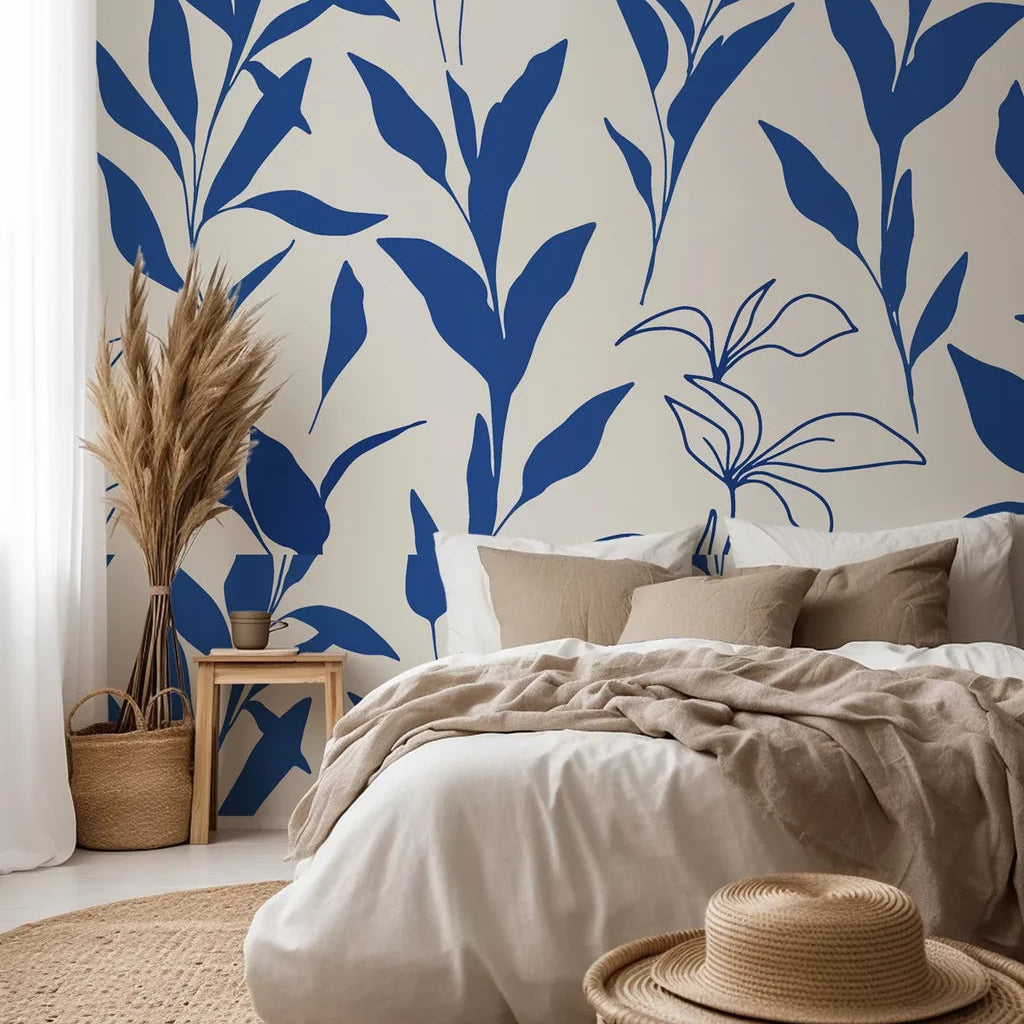 Simple blue leaf pattern on a cream-colored self-adhesive wallpaper.