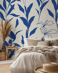 Simple blue leaf pattern on a cream-colored self-adhesive wallpaper.