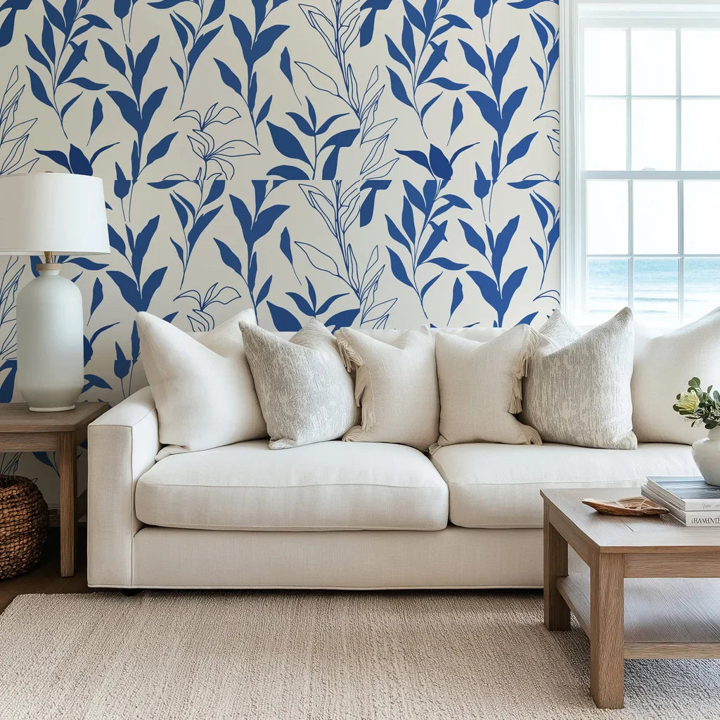 Simple blue and cream botanical leaf pattern for peel and stick wallpaper