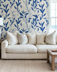Simple blue and cream botanical leaf pattern for peel and stick wallpaper