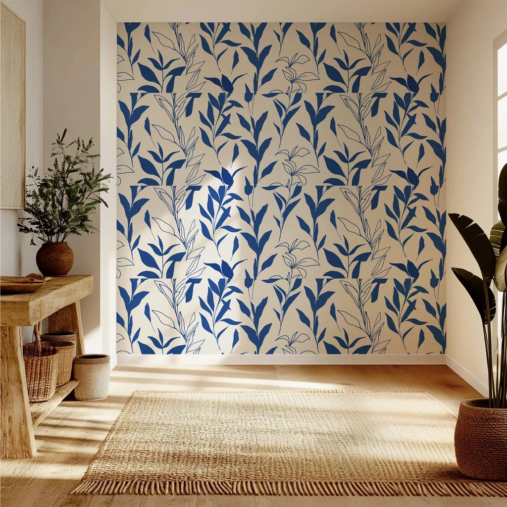 Simple blue foliage pattern on a cream background peel and stick wallpaper