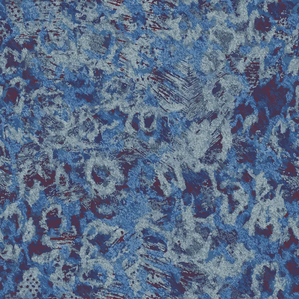 Peel and stick Indigo Static wallpaper featuring a heavily textured blue and purple abstract grunge design