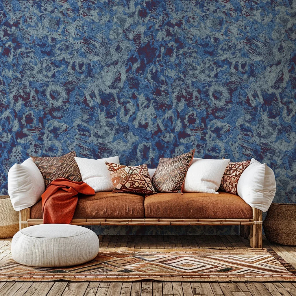 Self-adhesive wallpaper featuring a textured abstract grunge pattern in blue and purple, named Indigo Static