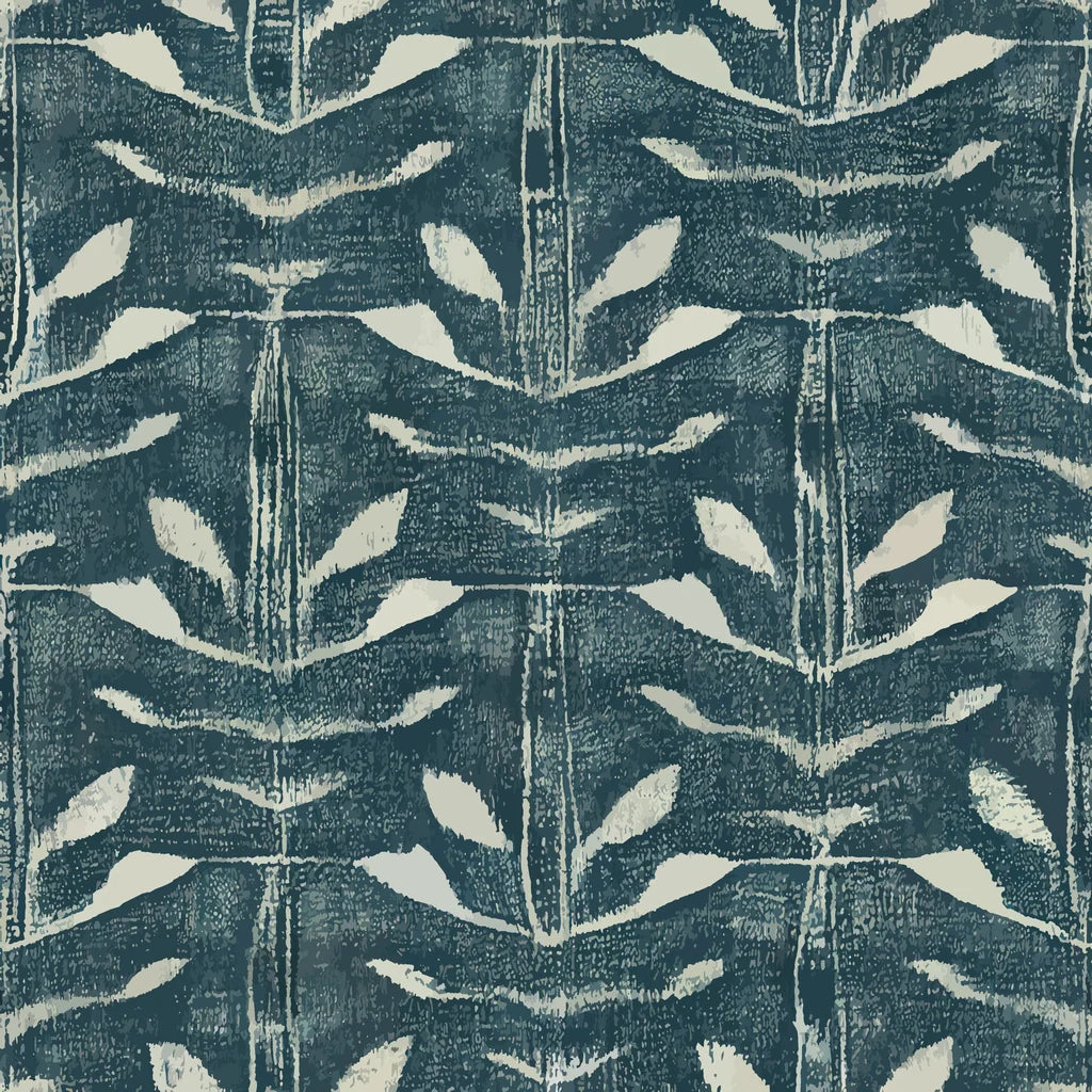 A hand-painted wall covering in teal blue featuring repeating stylized foliage motifs and superimposed, textured paint applications