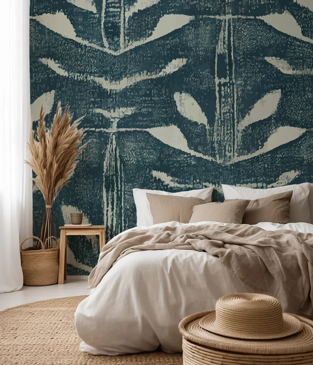 An artisan-crafted, greenish-blue wall covering, utilizing thick, layered brushstrokes to depict repeating stylized foliage