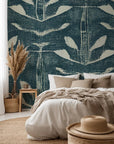 An artisan-crafted, greenish-blue wall covering, utilizing thick, layered brushstrokes to depict repeating stylized foliage