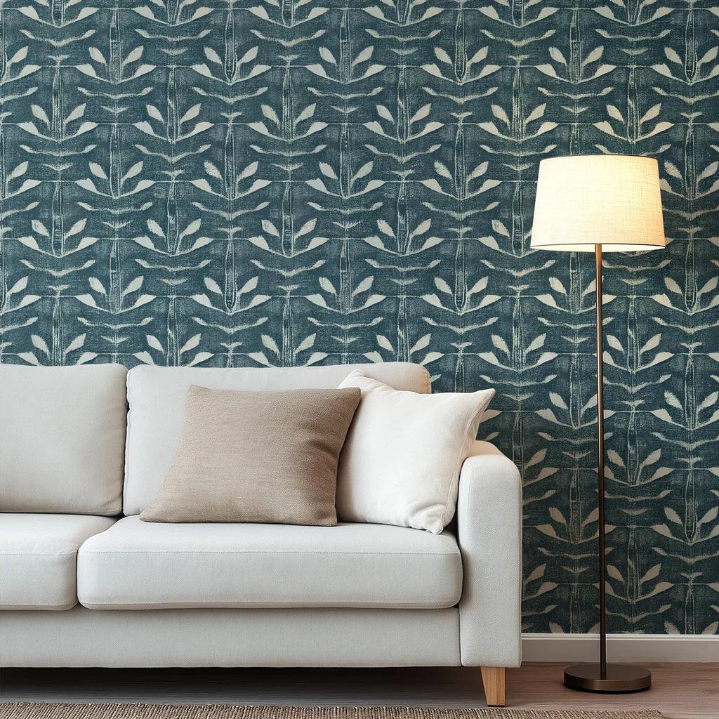 Impasto-style hand-painted wall mural in marine blue, illustrating recurrent abstract leaf patterns and rich, overlapping textural layers