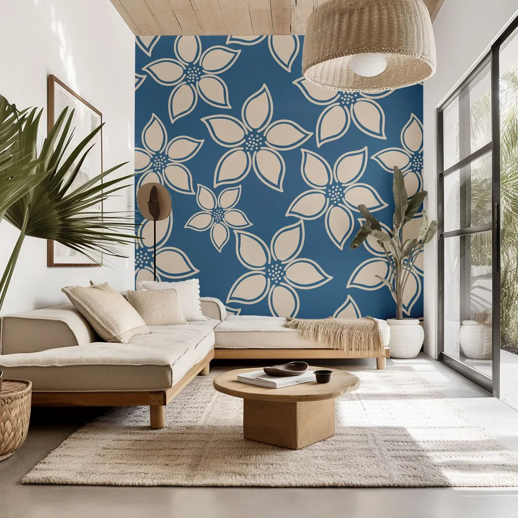 A botanical pattern of wild grass in navy blue and green, known as Indigo Whispers wallpaper