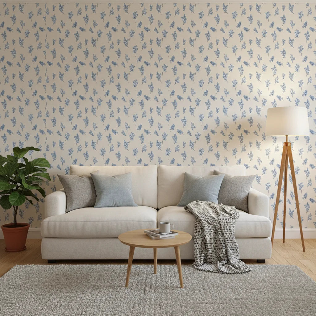 Ink Blossom serene blue floral sprig wallpaper in a warm and inviting living room