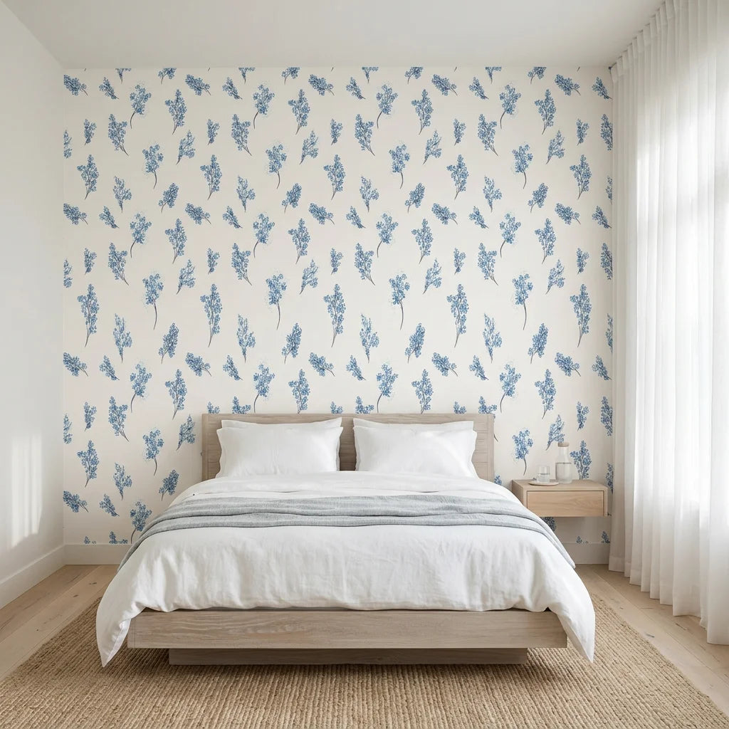 Ink Blossom serene blue floral sprig wallpaper adding character to a cozy bedroom