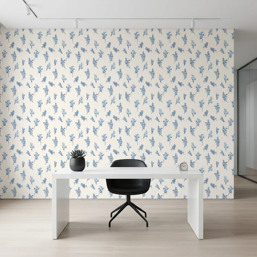 Ink Blossom serene blue floral sprig wallpaper as a feature wall in a bright home office