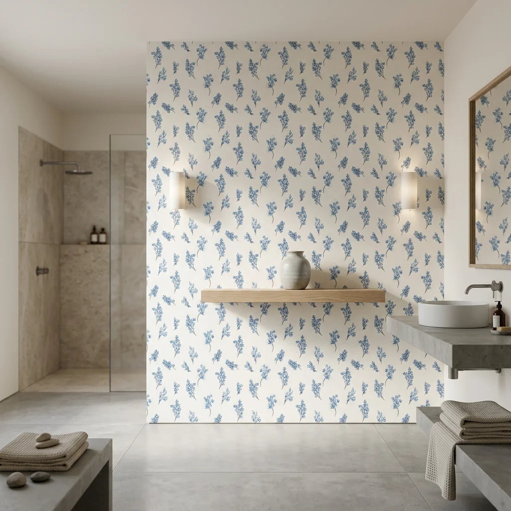 Ink Blossom serene blue floral sprig wallpaper creating ambiance in a serene bathroom