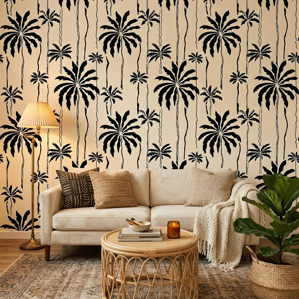 Ink Haven monochrome jungle wallpaper in a warm and inviting living room