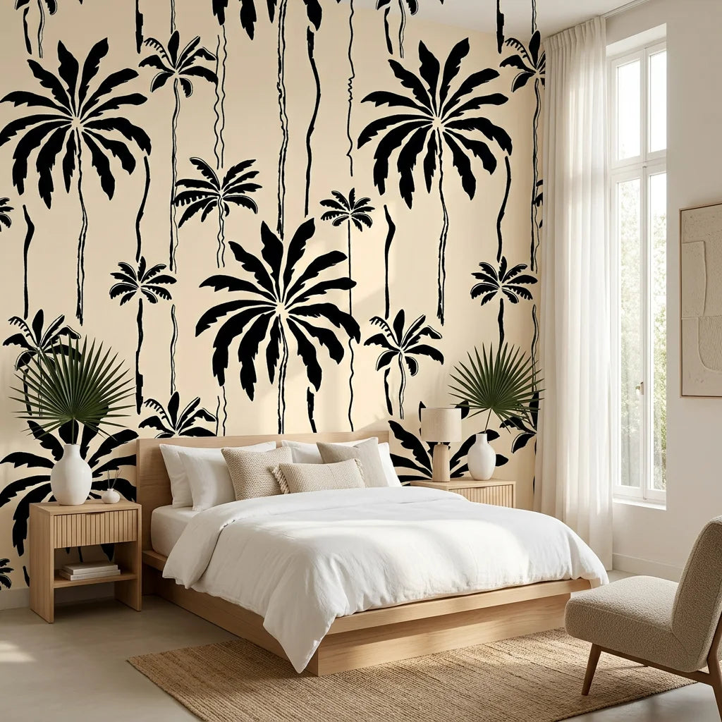 Ink Haven monochrome jungle wallpaper adding character to a cozy bedroom