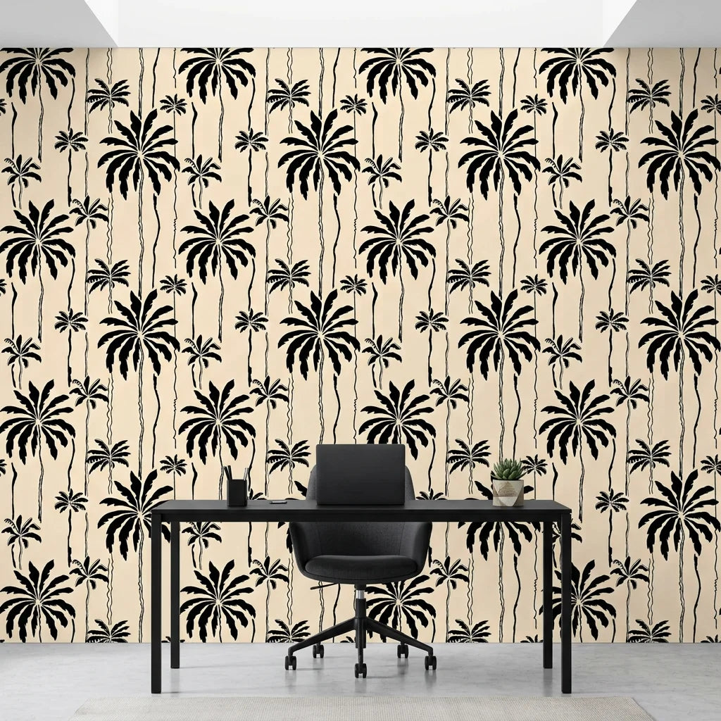 Ink Haven monochrome jungle wallpaper as a feature wall in a bright home office