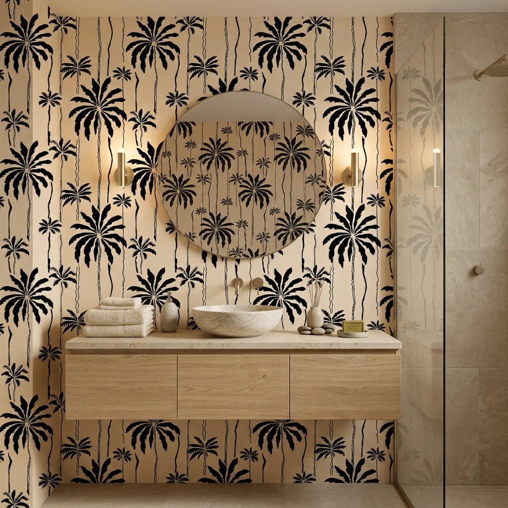 Ink Haven monochrome jungle wallpaper creating ambiance in a serene bathroom
