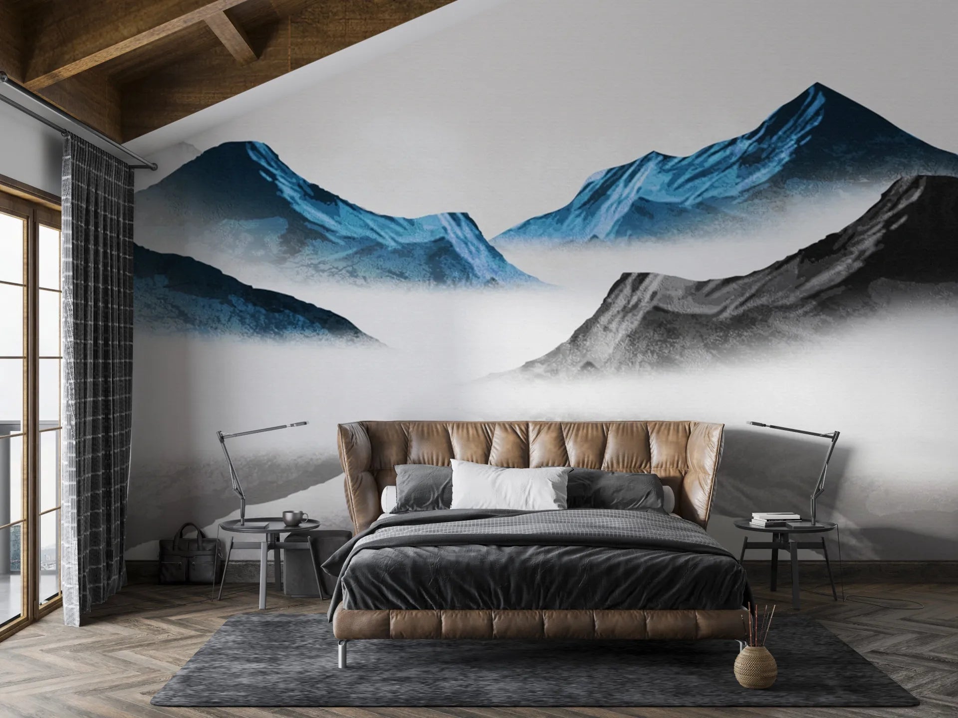 Ink Mountains removable wallpaper with blue and gray misty peaks on modern bedroom accent wall