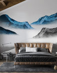 Ink Mountains removable wallpaper with blue and gray misty peaks on modern bedroom accent wall