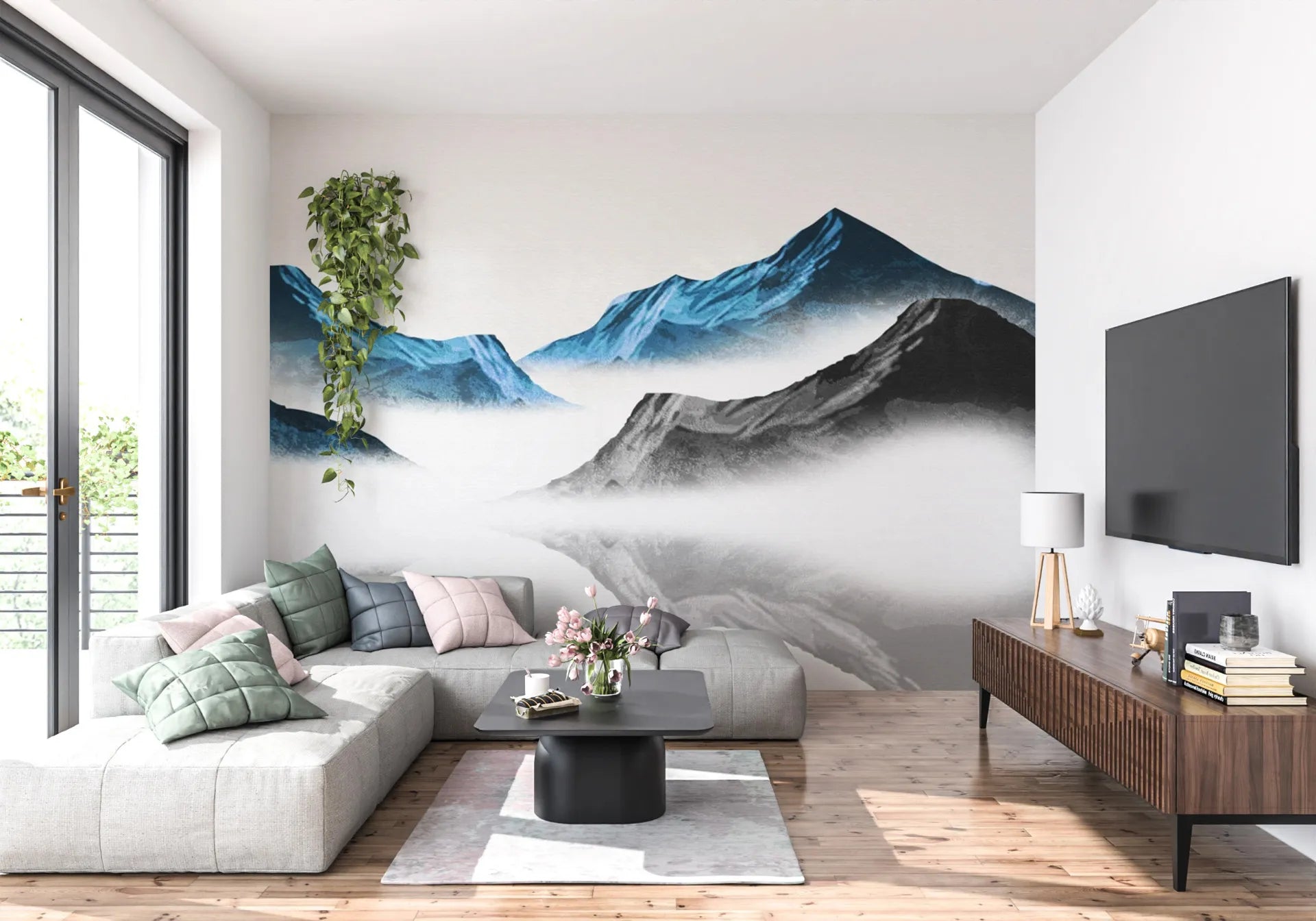 Blue and gray Ink Mountains watercolor mural wallpaper in modern living room with misty peaks