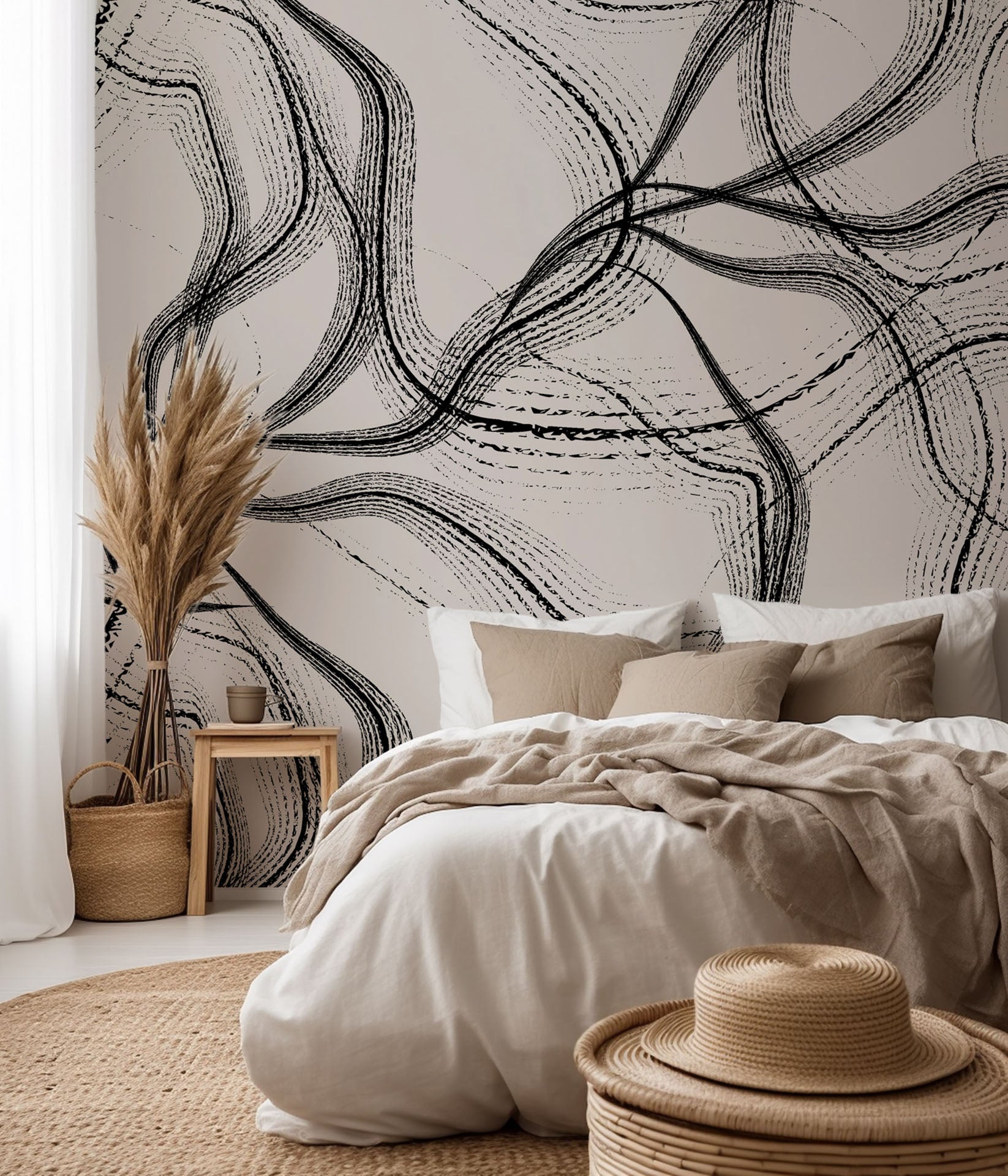 Abstract wall covering featuring running streams of black and beige pigment