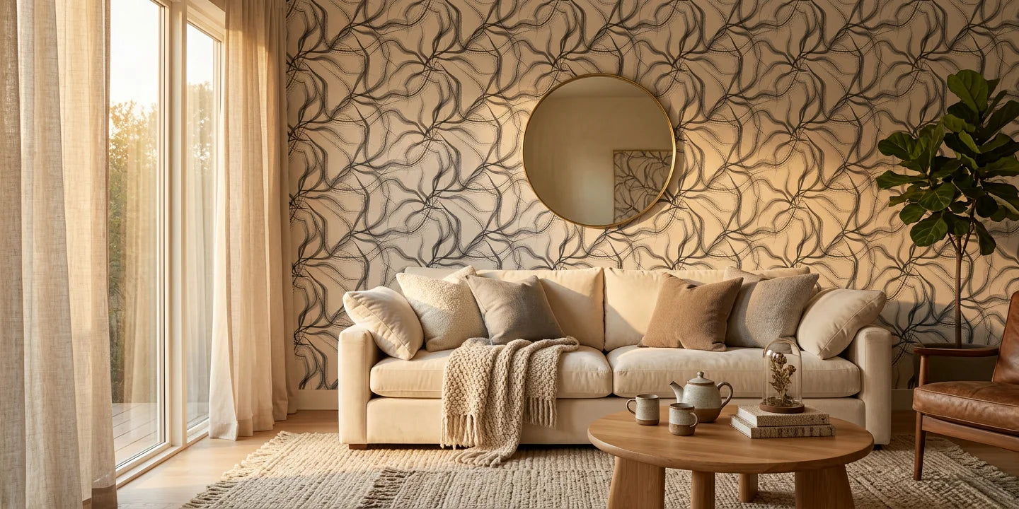 Ink Rivers black and grey abstract ink flow wallpaper in a warm and inviting living room