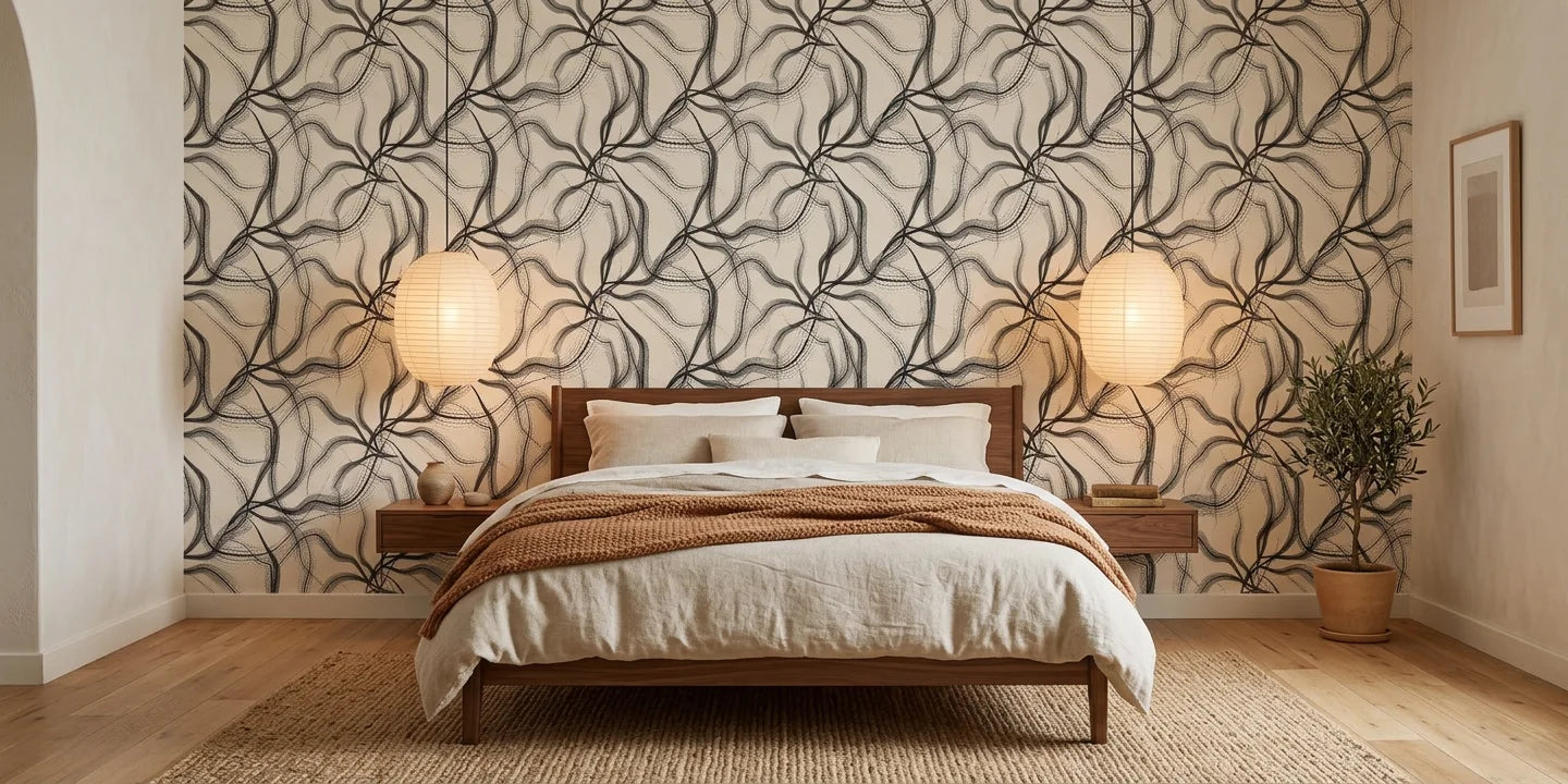 Ink Rivers black and grey abstract ink flow wallpaper adding character to a cozy bedroom