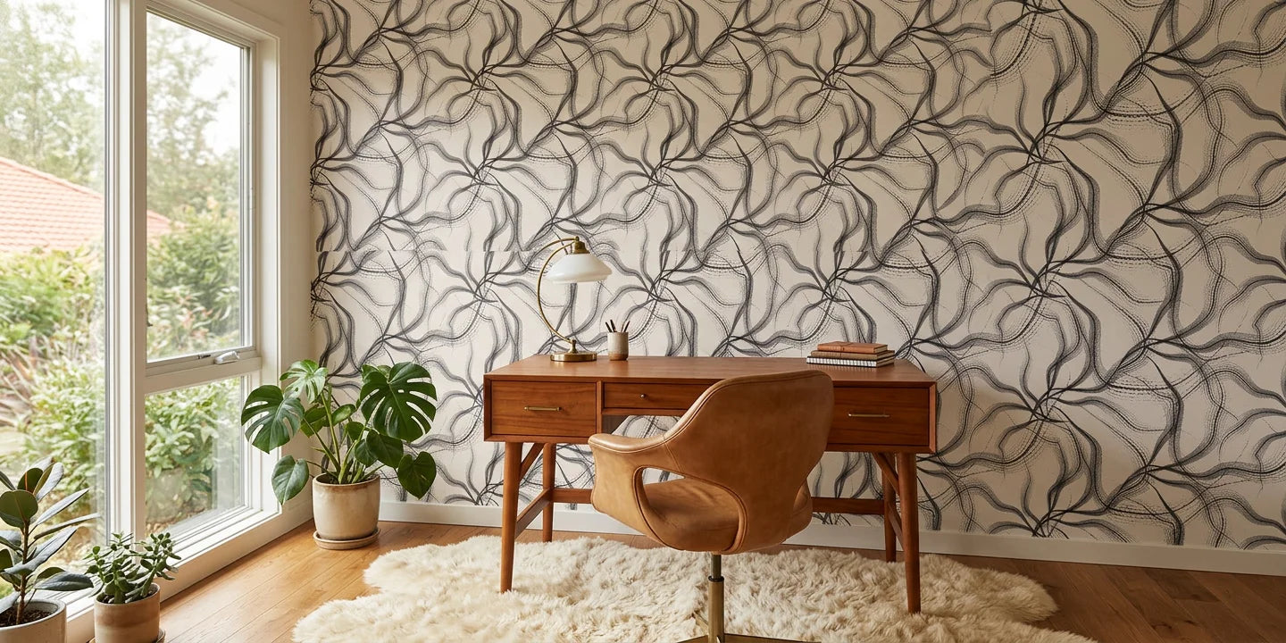 Ink Rivers black and grey abstract ink flow wallpaper as a feature wall in a bright home office