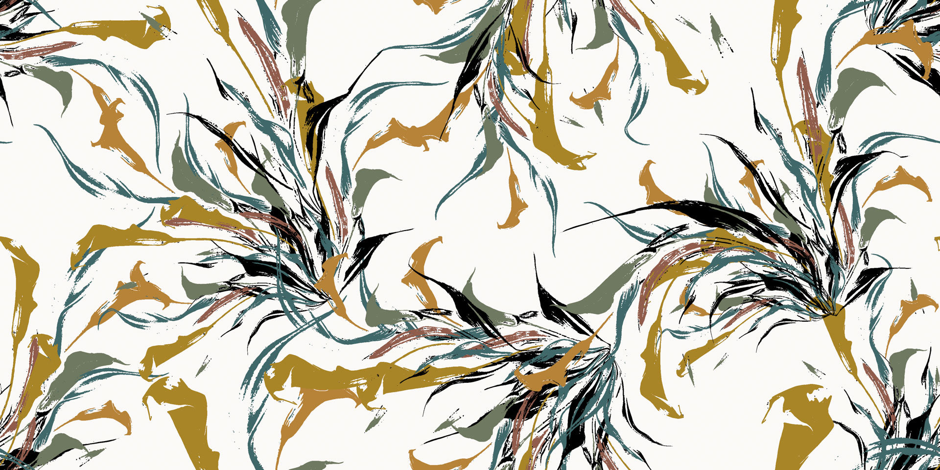 Painterly, self-adhesive wall covering featuring an abstract design of white and green feathers, product Ink Whispers