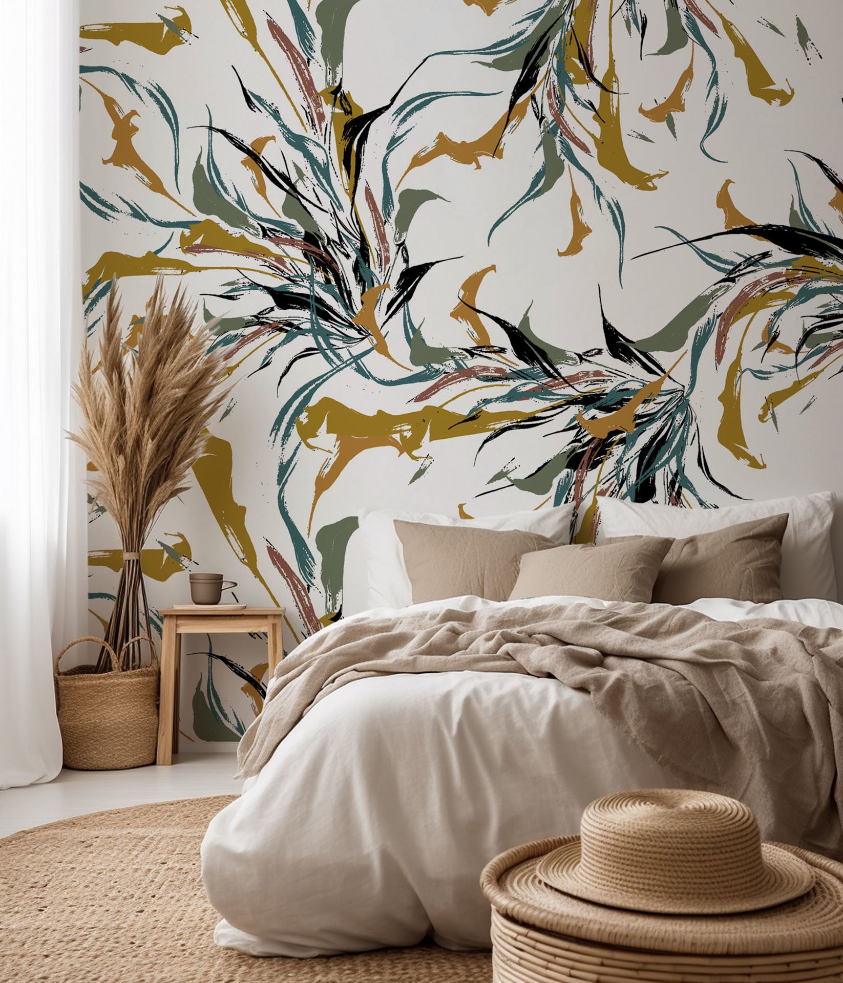 Abstract feather pattern self-adhesive wallpaper in white and green with a brushstroke finish (Ink Whispers)