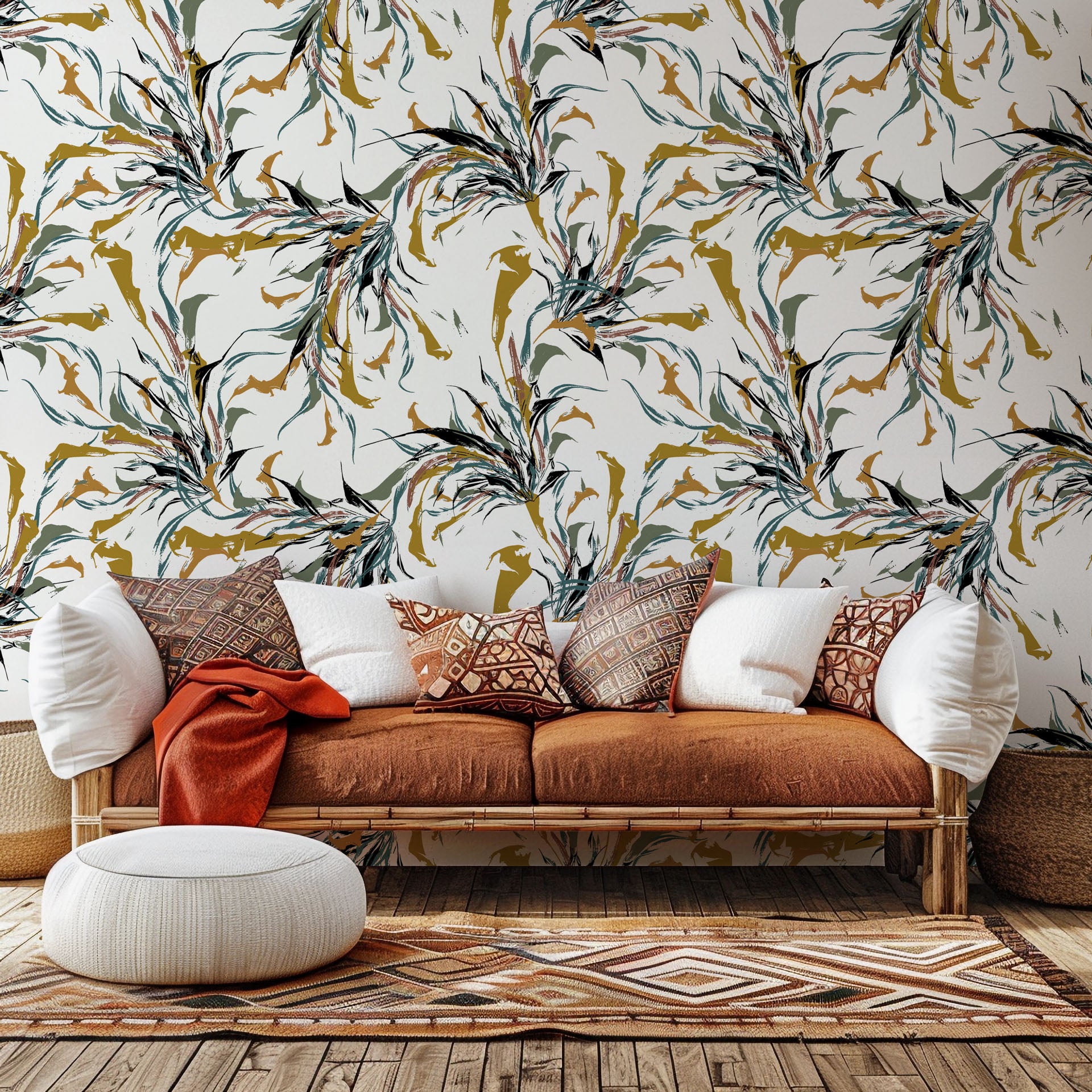 Self-adhesive wallpaper featuring an abstract painterly feather design in white and green, titled 'Ink Whispers'