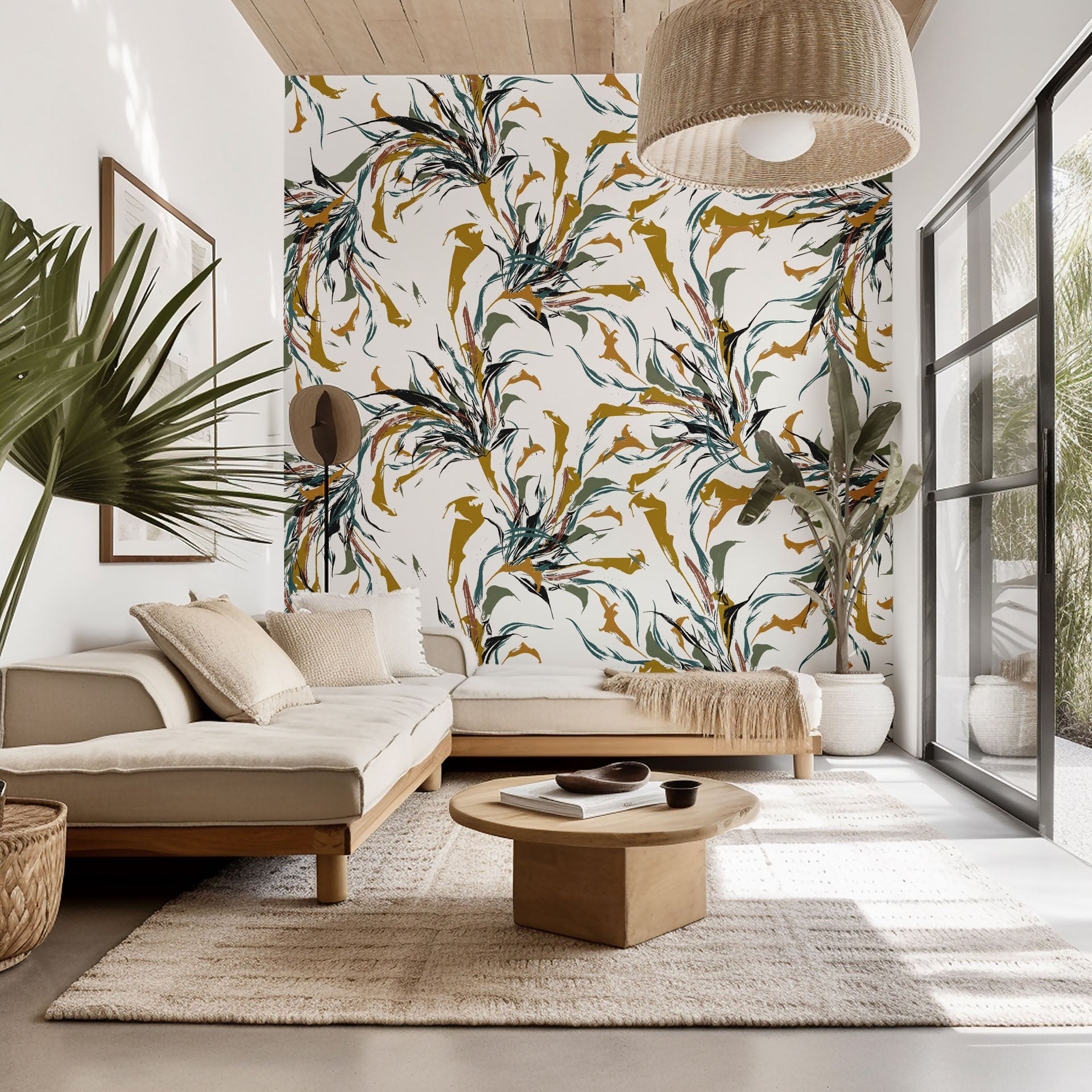 Self-adhesive, stylized green and white feather pattern wall covering with a brushstroke finish