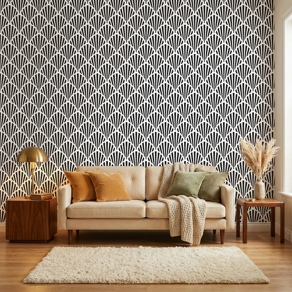 Ink & Light bold black and white art deco fan wallpaper creating ambiance in a serene bathroom
