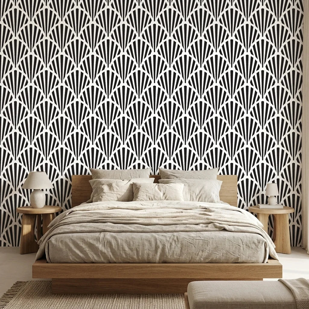 Ink & Light bold black and white art deco fan wallpaper in a warm and inviting living room
