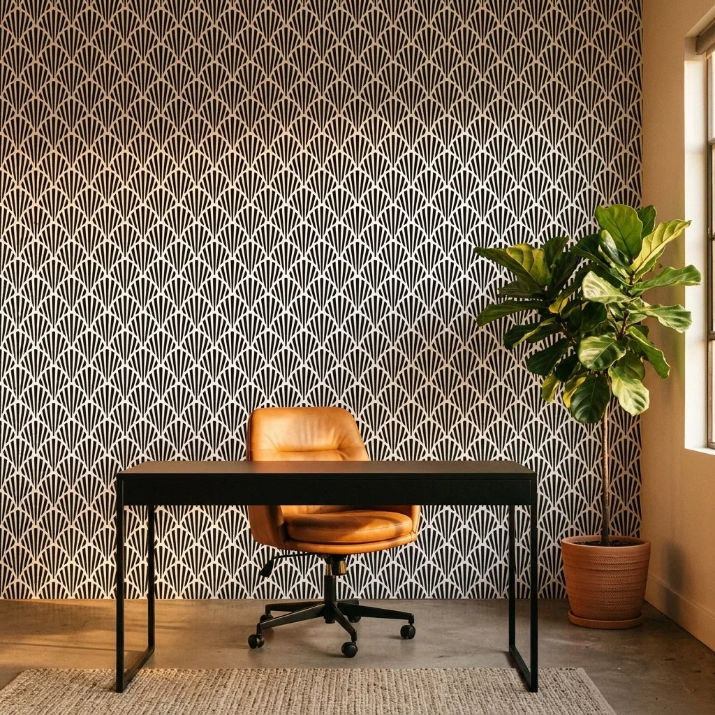 Ink & Light bold black and white art deco fan wallpaper adding character to a cozy bedroom