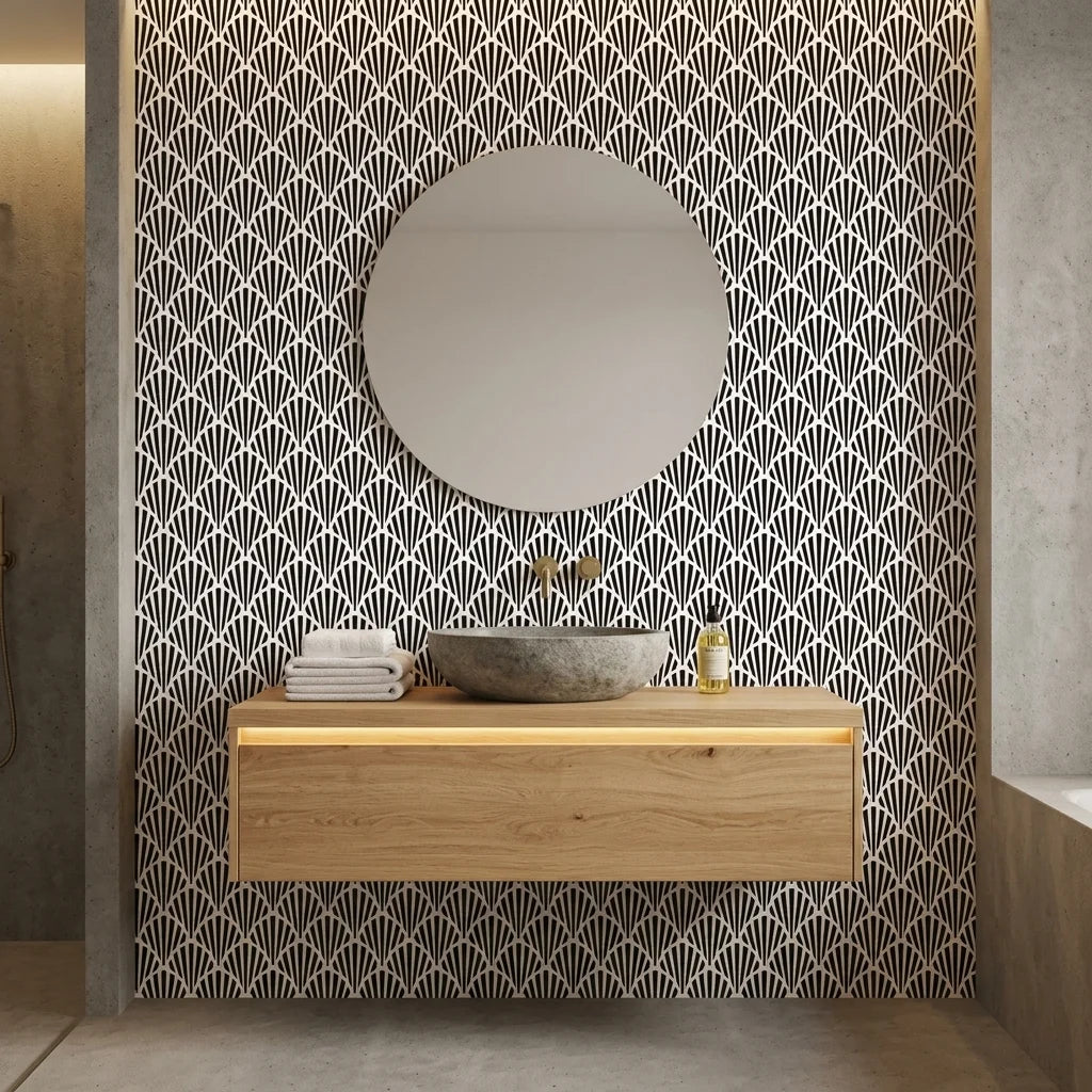 Ink & Light bold black and white art deco fan wallpaper as a feature wall in a bright home office